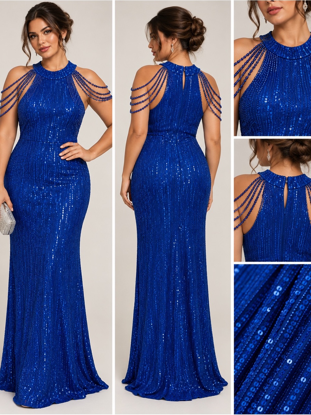 💙 Royal Blue Sequin Beaded Formal Evening Gown – Plus Size 2XL
